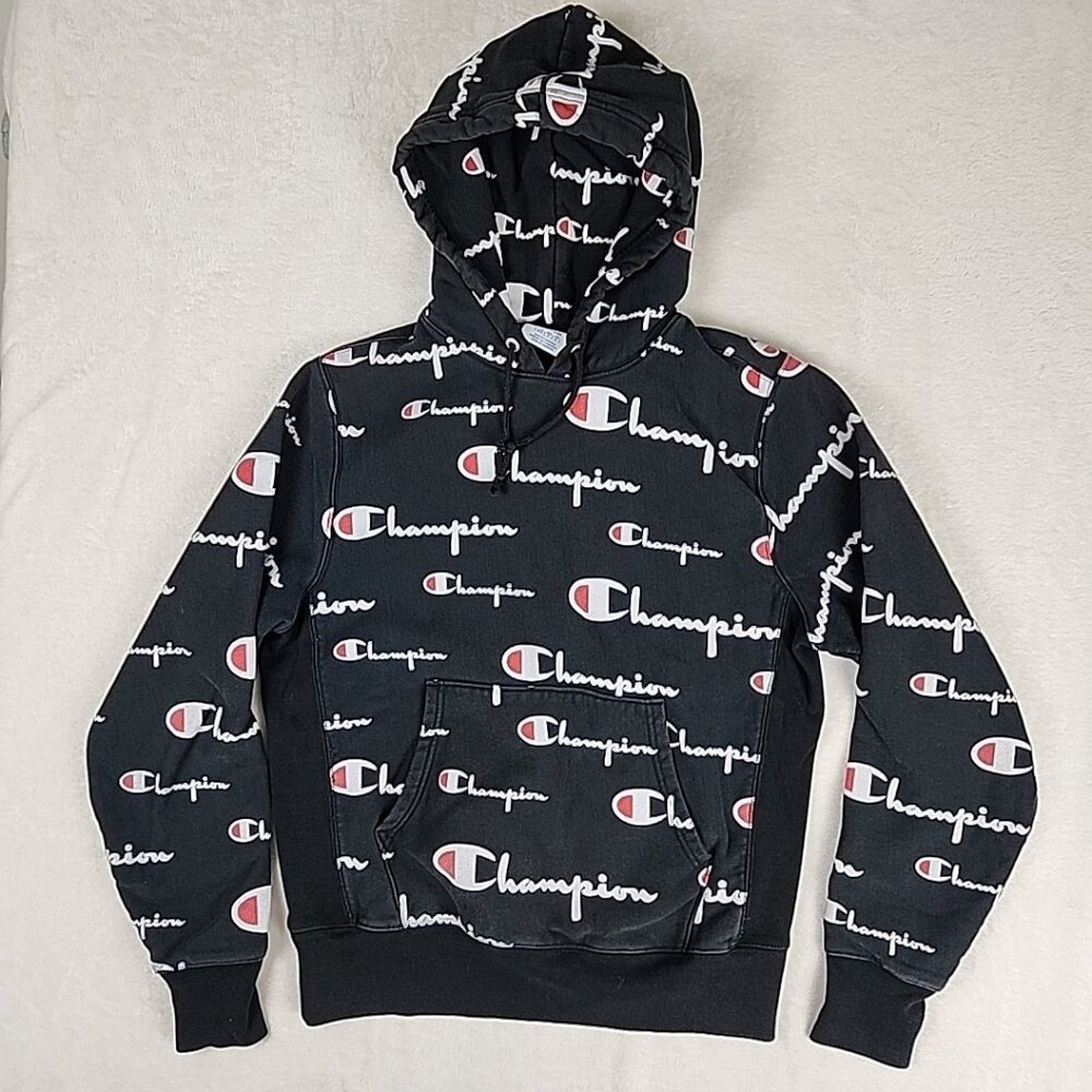 Vintage Reverse Weave Champion All Over Print Logo Black Hoodie Size Medium